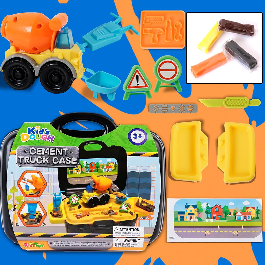 Knete Set Baustellenfahrzeuge Kinder Knete Zubehör mit Tragbarem Koffer, Zement Baustelle Spielzeug