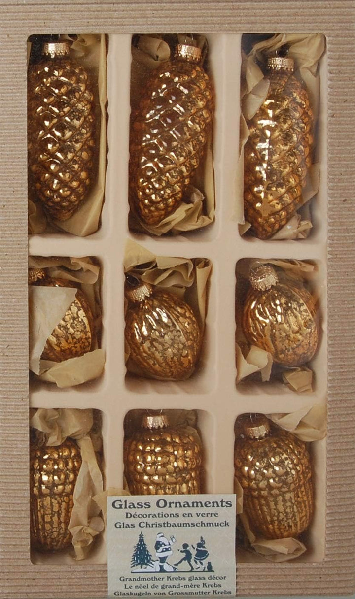 Dekohelden24 Lauschaer Christbaumschmuck - 9er Set, Zapfen - Eicheln - Walnüsse, 8 cm in Gold mit go