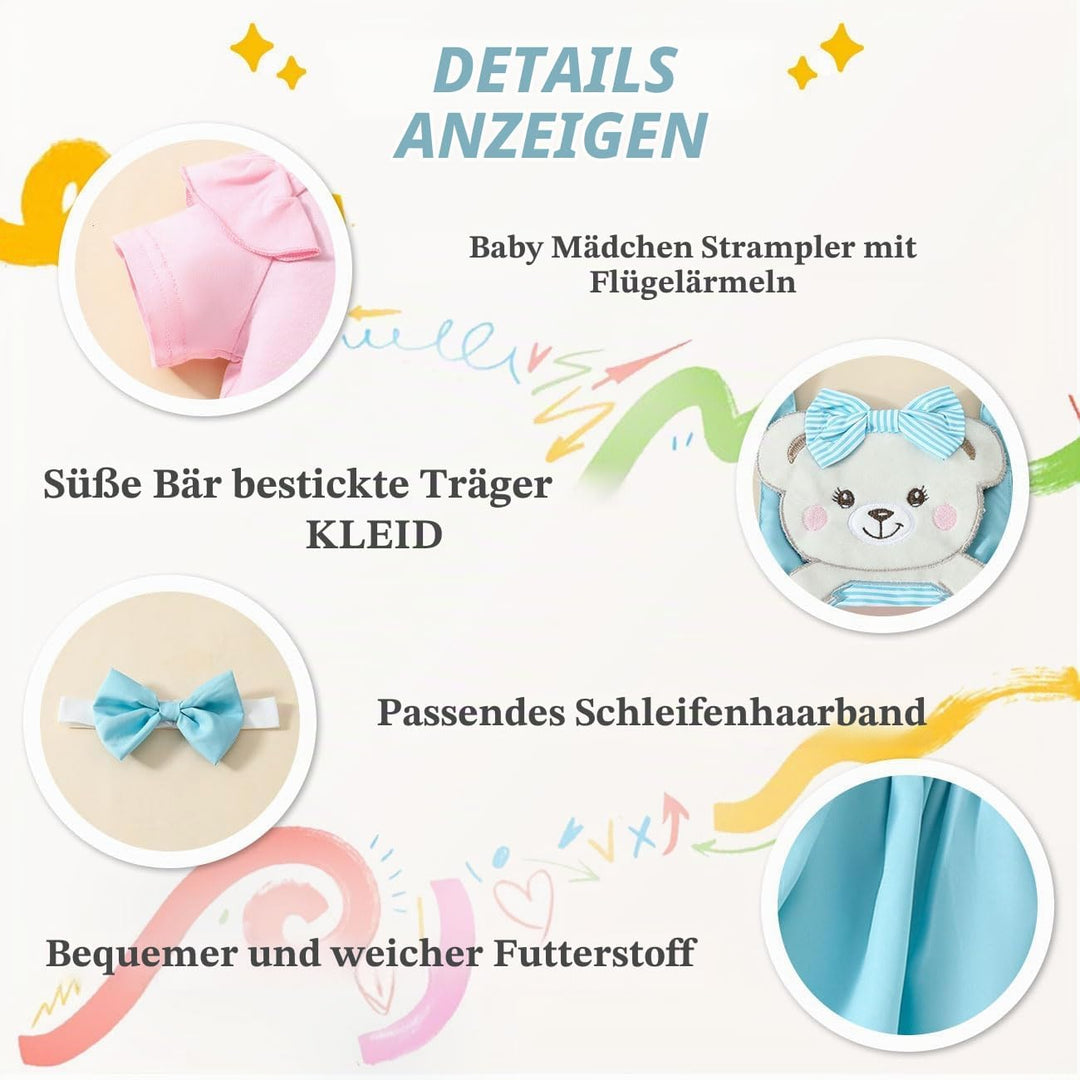 Baby Mädchen Strampler Bär Besticktes Hosenträgerkleid Bowknot Stirnband Kleiderset, Flying Sleeve R
