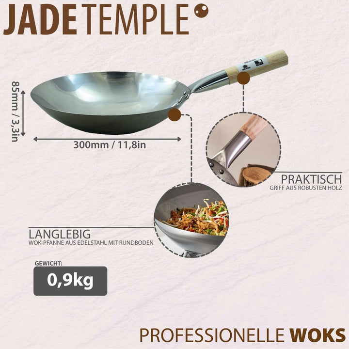 JADE TEMPLE 17102 Edelstahl Wokpfanne, 30cm Durchmesser, runder Boden, 18/8