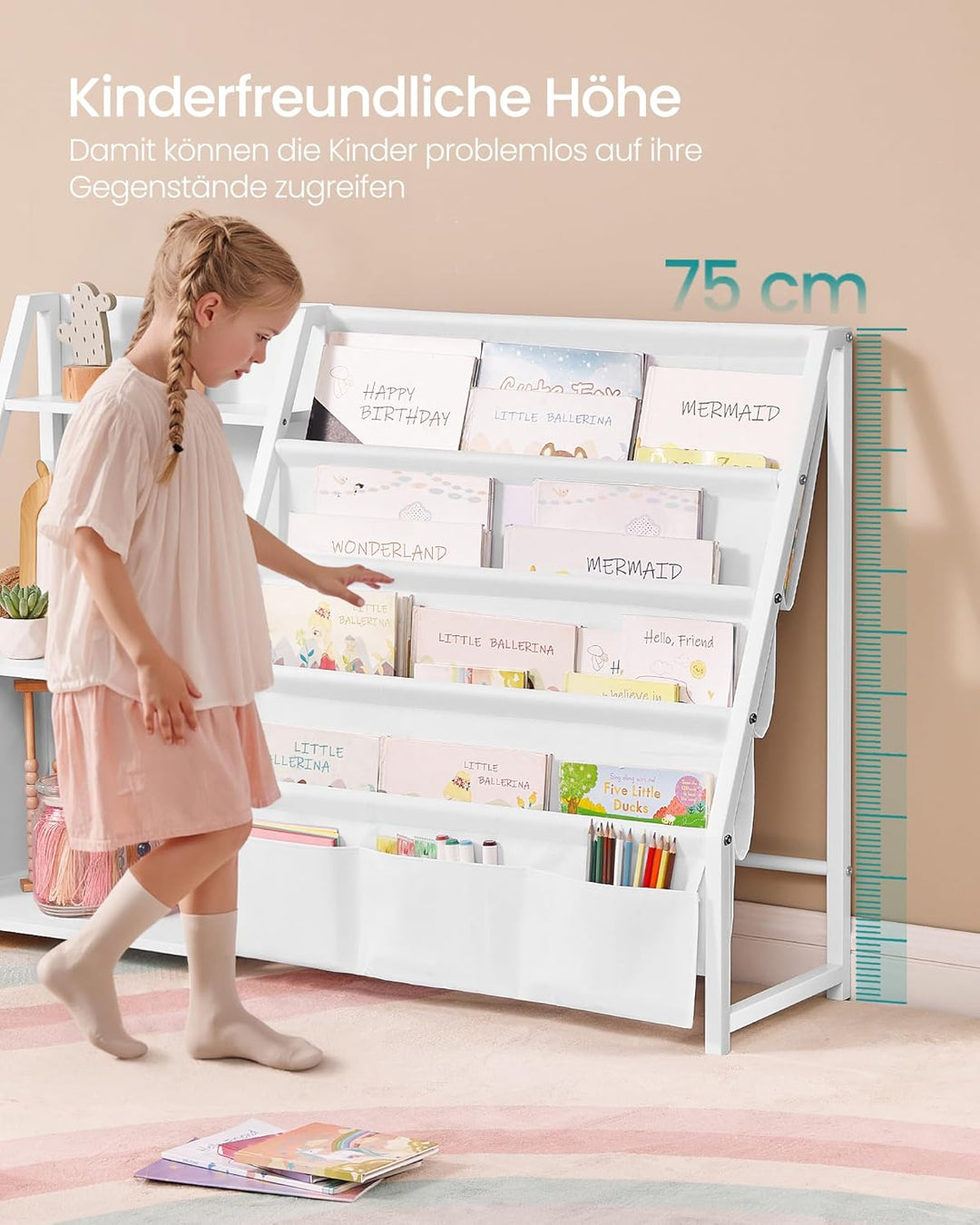 SONGMICS Bücherregal Kinder, Kinderregal, Spielzeugregal, Bücher-Organizer, mit Seitentasche, 75 cm