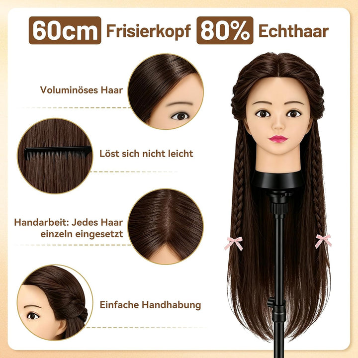 TwoWin 60 cm Trainingsköpfe Friseur, 24 Zoll Frisierkopf mit 80% Echthaar Rotbraun, Rotbraun