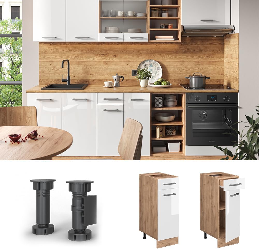 Vicco Küchenunterschrank R-Line, Weiss Hochglanz/Goldkraft Eiche, 30 cm ohne Arbeitsplatte Weiss Hoc