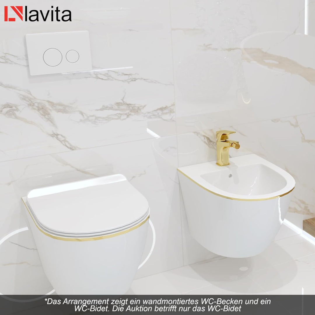 LAVITA Universal Wand-Bidet Sofi Gold Line mit Hahnloch und Überlaufschutz aus Keramik Sitzwaschbeck