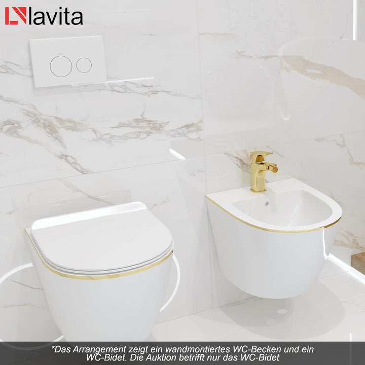 LAVITA Universal Wand-Bidet Sofi Gold Line mit Hahnloch und Überlaufschutz aus Keramik Sitzwaschbeck