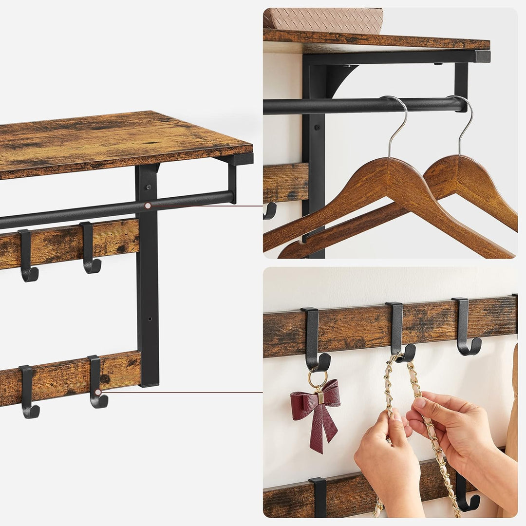 VASAGLE Wandgarderobe, Schuhbank, Wandregal mit Ablage und 10 Haken, Schuhregal mit 3 Ebenen, Aufbew