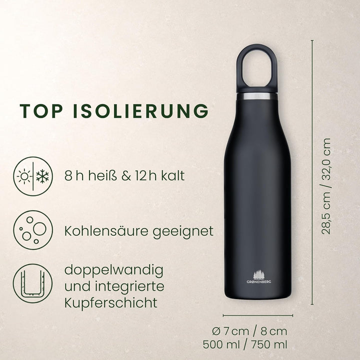 Groenenberg Trinkflasche Edelstahl 500ml oder 750ml | 100% Auslaufsicher | Thermosflasche Kohlensäur