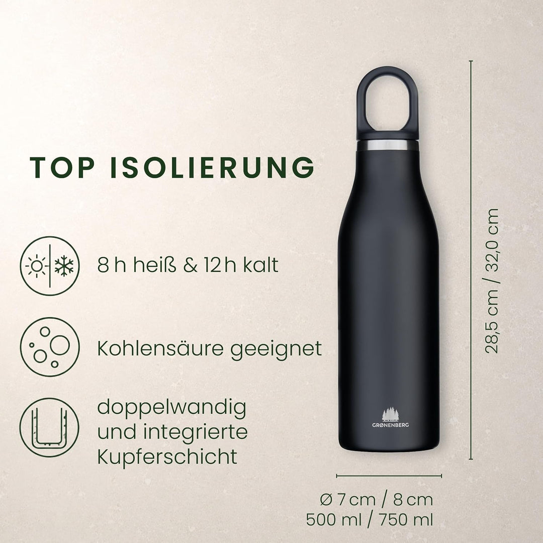 Groenenberg Trinkflasche Edelstahl 500ml oder 750ml | 100% Auslaufsicher | Thermosflasche Kohlensäur