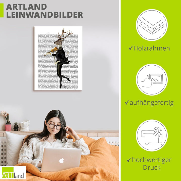 ARTland Leinwandbilder Wandbild Bild auf Leinwand 45x60 cm Wanddeko Hirsch Musik Skandinavisch Tiere