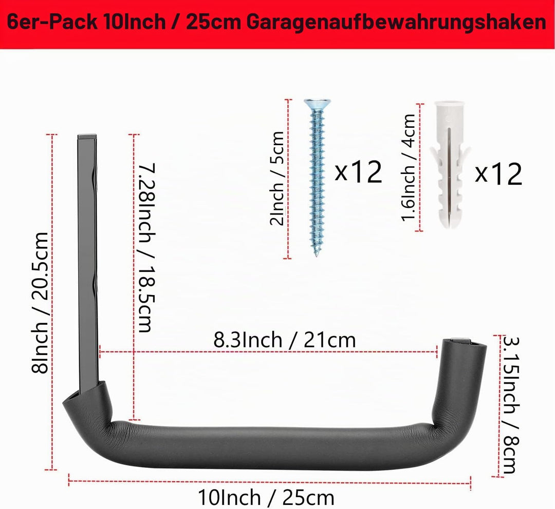 Garagenhaken, 25,4 cm, robuste Garagenaufbewahrung, Werkzeugaufhänger, Wandhalterung, Aufbewahrungsh