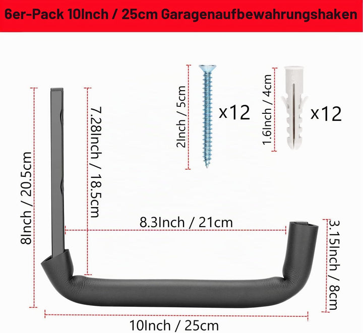 Garagenhaken, 25,4 cm, robuste Garagenaufbewahrung, Werkzeugaufhänger, Wandhalterung, Aufbewahrungsh