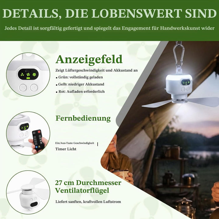 Mini Deckenventilator mit Beleuchtung und Fernbedienung für Camping | Wiederaufladbar 8000mAh Campin