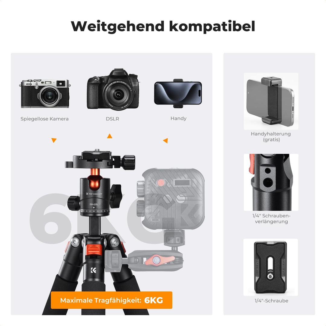 K&amp;F CONCEPT Mini Stativ, 55cm Aluminium Kamera Stativ mit 360° Kugelkopf | Belastung bis zu 6kg, 0,6