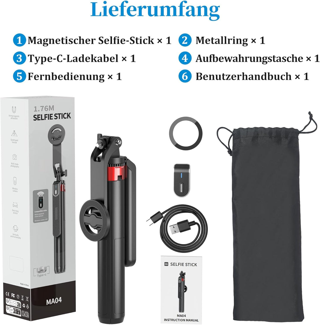 PlusAcc 176cm Magnetisches Selfie-Stativ für MagSafe - Stabile Tripod Stick Halterung & 360° drehbar