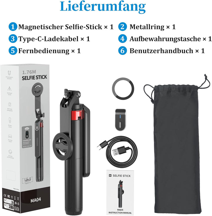 PlusAcc 176cm Magnetisches Selfie-Stativ für MagSafe - Stabile Tripod Stick Halterung & 360° drehbar