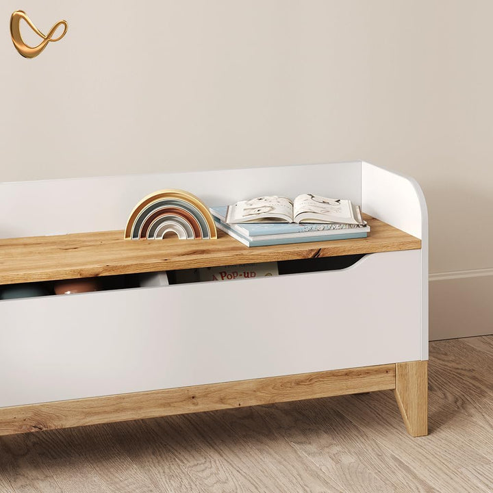 Livinity Spielzeugtruhe Mailo, Weiss/Artisan, 107.2 x 50 cm mit Sitzbank White/Artisan Oak, White/Ar