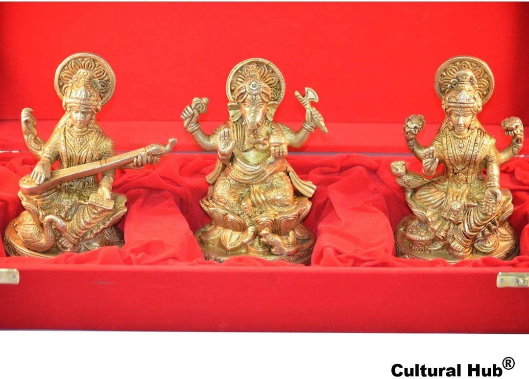 Ganesha Lakshmi Saraswati Set von drei Statuen aus Messing Skulpturen der Hindu Gott je Höhe 12,7 cm