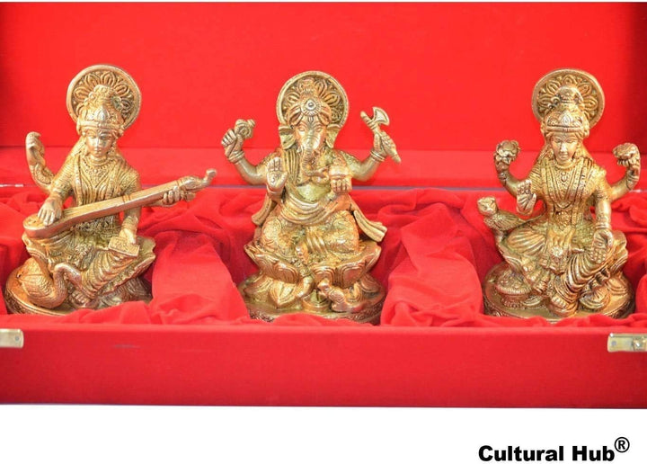 Ganesha Lakshmi Saraswati Set von drei Statuen aus Messing Skulpturen der Hindu Gott je Höhe 12,7 cm