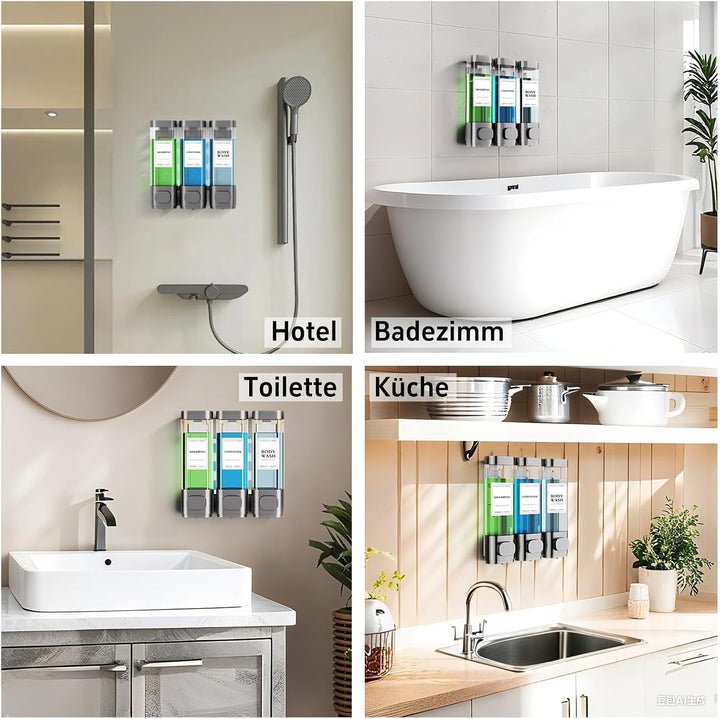 3-Kammer-Wand Shampoo Spender für Dusche Jeweils 300 ml, Duschgel Spender Wand Ohne Bohren für Badez