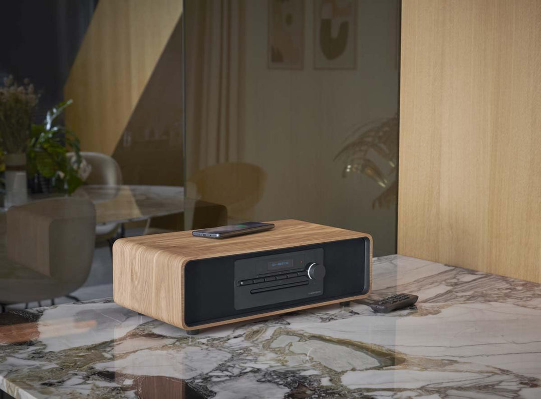 Micro-chaîne Bluetooth - THOMSON - Bois/Noir - Radio FM/DAB+/CD/MP3/USB/Induction, 75W, Affichage LC