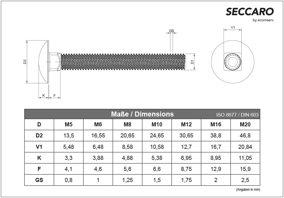 SECCARO Schlossschraube M12 x 80 mm, Edelstahl V2A VA A2, DIN 603 / ISO 8677, Flachrundkopf mit Vier