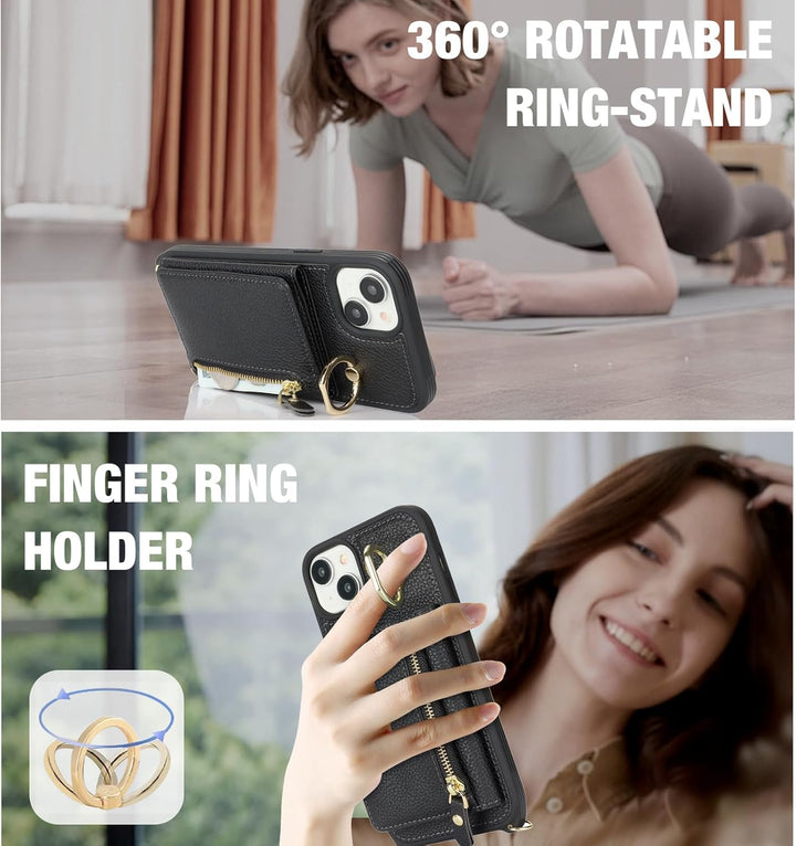 ELTEKER Handyhülle für iPhone 13 Hülle mit Band Kartenfach Handykette Ringhalterung Geldbörse,Leder