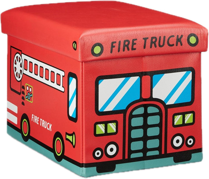 Relaxdays Faltbare Spielzeugkiste Feuerwehr HBT 32 x 48 x 32 cm stabiler Kinder Sitzhocker als Spiel