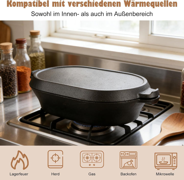 2 in 1 Gusseisen Topf Dutch Oven 2L Mit Doppelter Zweck Grillpfannendeckel, Ovale 28 cm Grosse Gusse