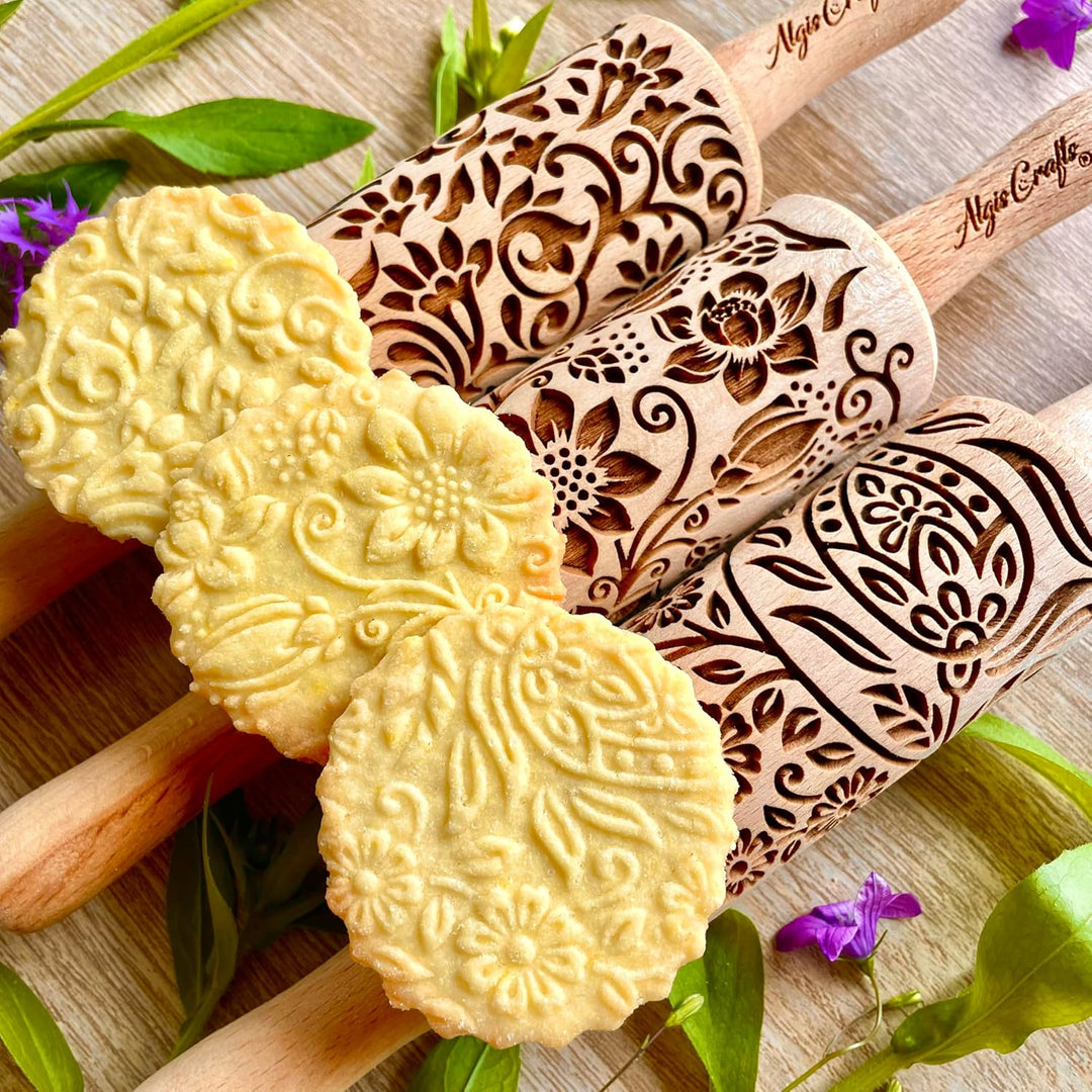 FLORET 3-er SET Kinder Nudelhölzer. Teigrolle mit Lotus, Kaschmir, Paisley blühende, Rebe und Lilie