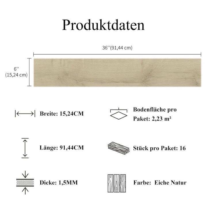 Mysflosy Vinylboden Selbstklebend, PVC Bodenbelag holzoptik wasserdicht, Natürliche Eichenfarbe 15,2
