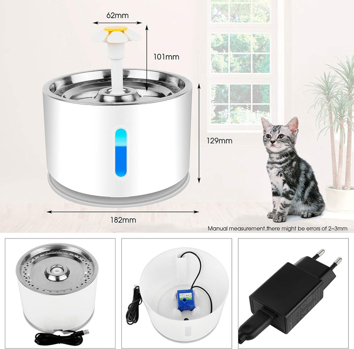 Katzen Trinkbrunnen,Haustierbrunnen mit Aktivkohlefilter Wasserstandsfenster, Leuchtende LED,2,4L Gr