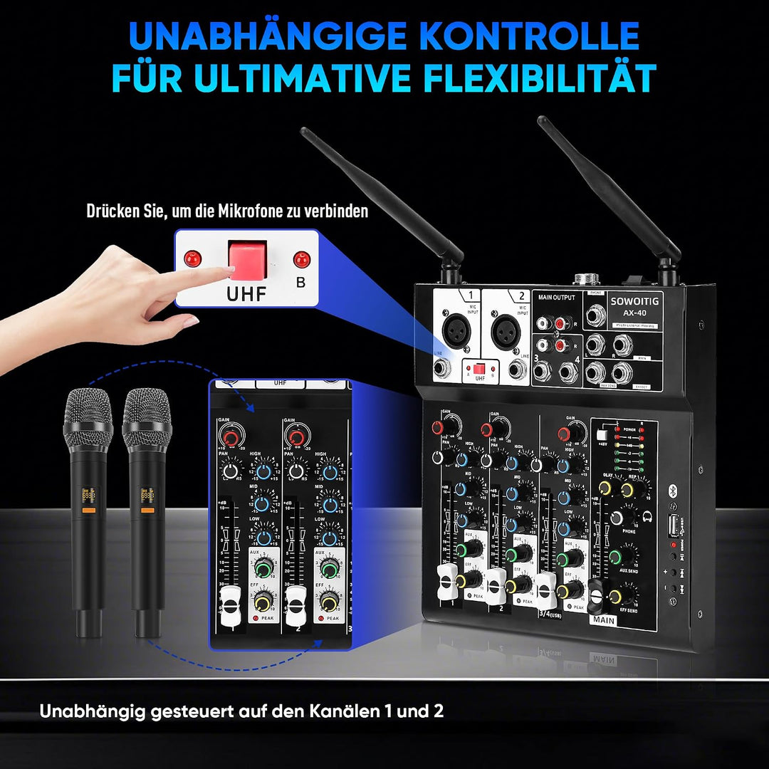 Karaoke Mischpult mit 2 kabellosen Mikrofonen, 4-Kanal Audio Mixer DJ Konsole Musik Soundboard Draht