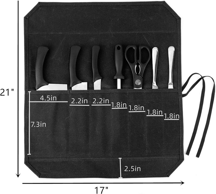 Denifiter Messer-Rolltasche für Köche, 7 Fächer, strapazierfähiges gewachstes Segeltuch, schwarz