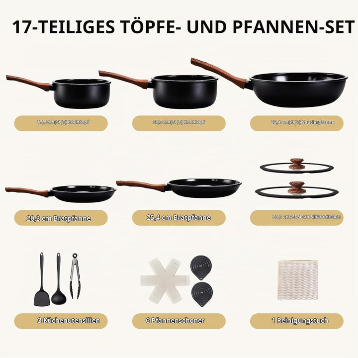 LEADZM Keramik Topfset Induktion，Pfannenset，Kochtopf Set mit Deckel，Induktions Töpfe Set，17-Teilig，A
