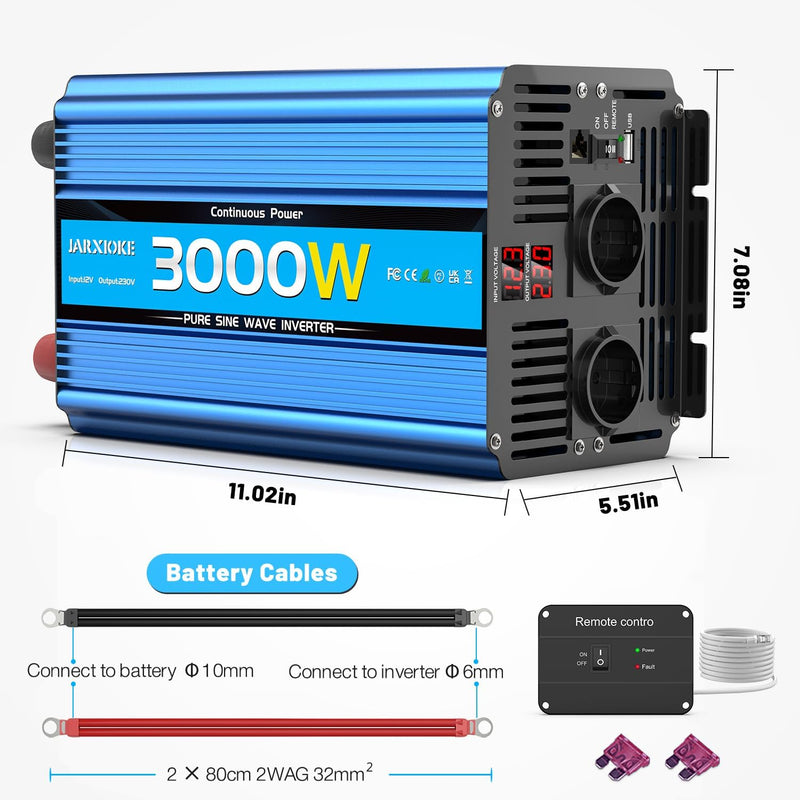 Wechselrichter 12V auf 230V 3000W/6000W Reiner Sinus Spannungswandler mit Fernbedienung,LED-Anzeige,