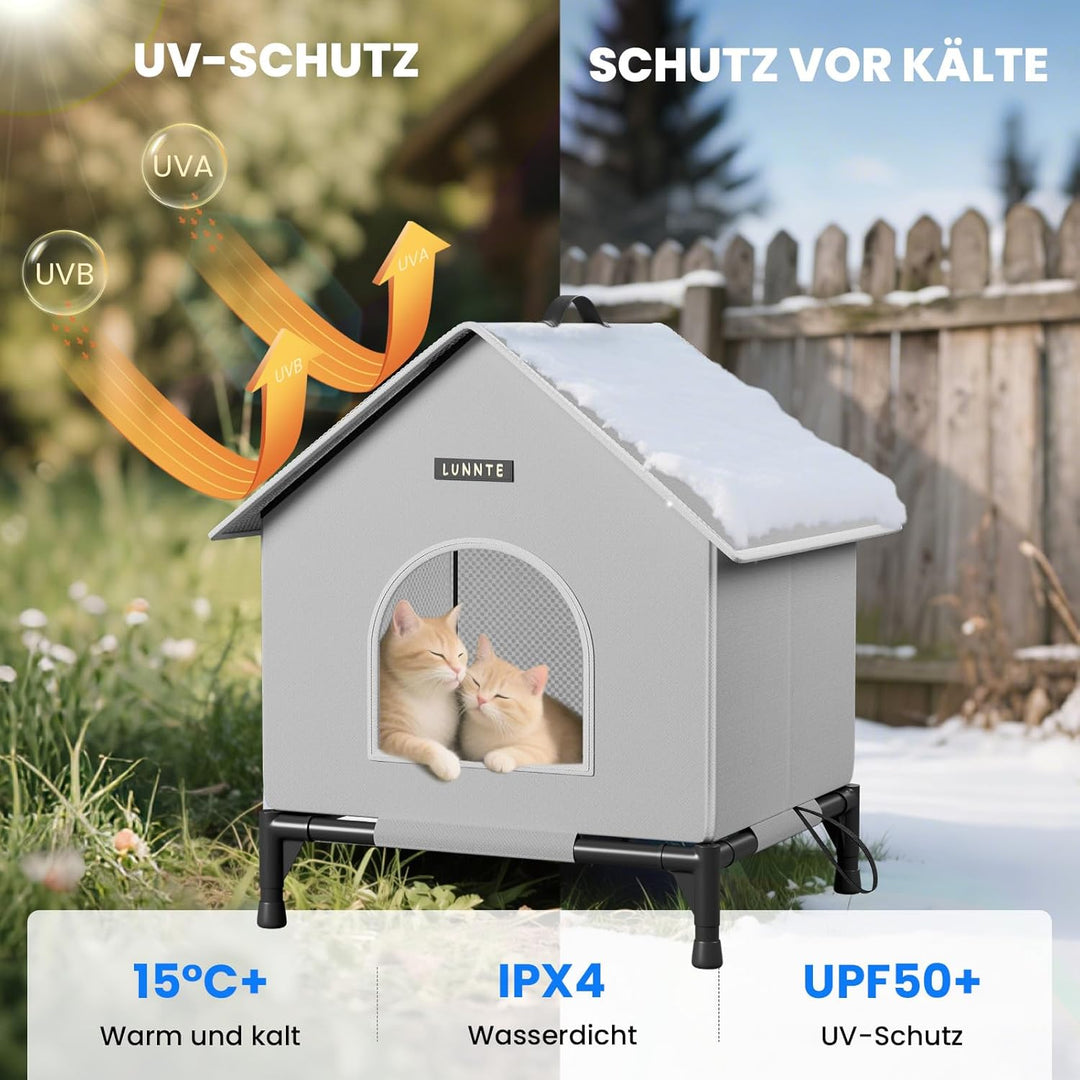 Outdoor Katzenhaus mit Erhöhten Design, Wasserdicht Katzenhaus für Draussen, Warm Hundehöhle mit Tür