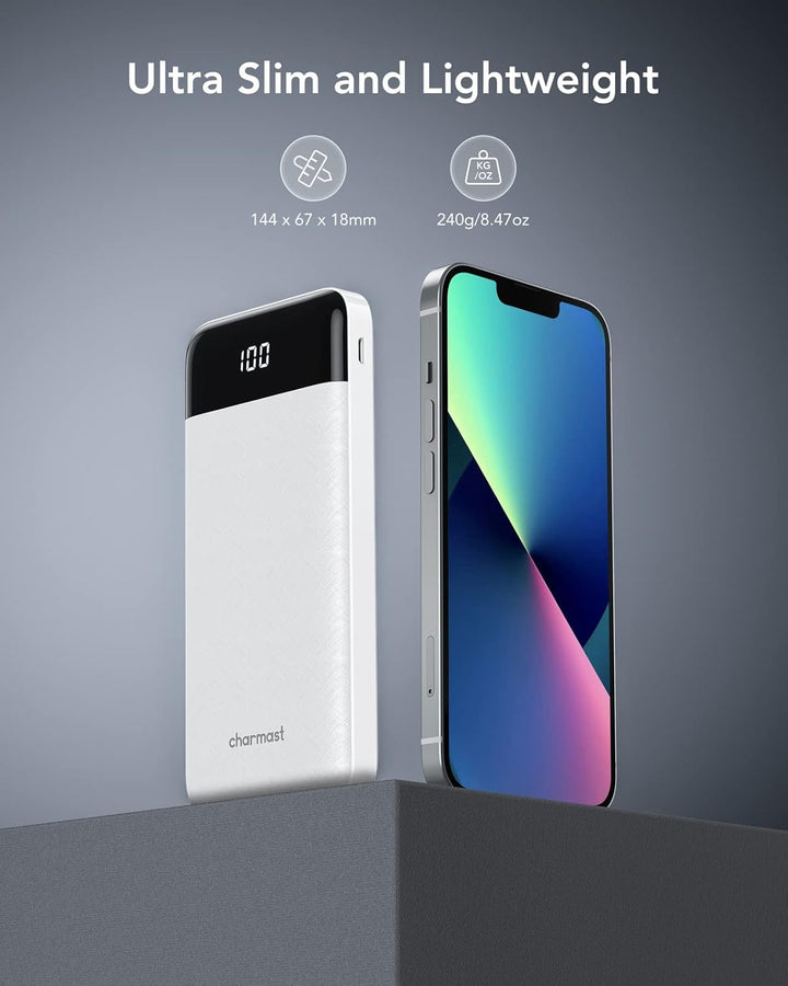 Charmast Power Bank, Slim 10000mAh Powerbank mit USB-C Kabel und LED-Display, 6 Ausgängen Klein Aber