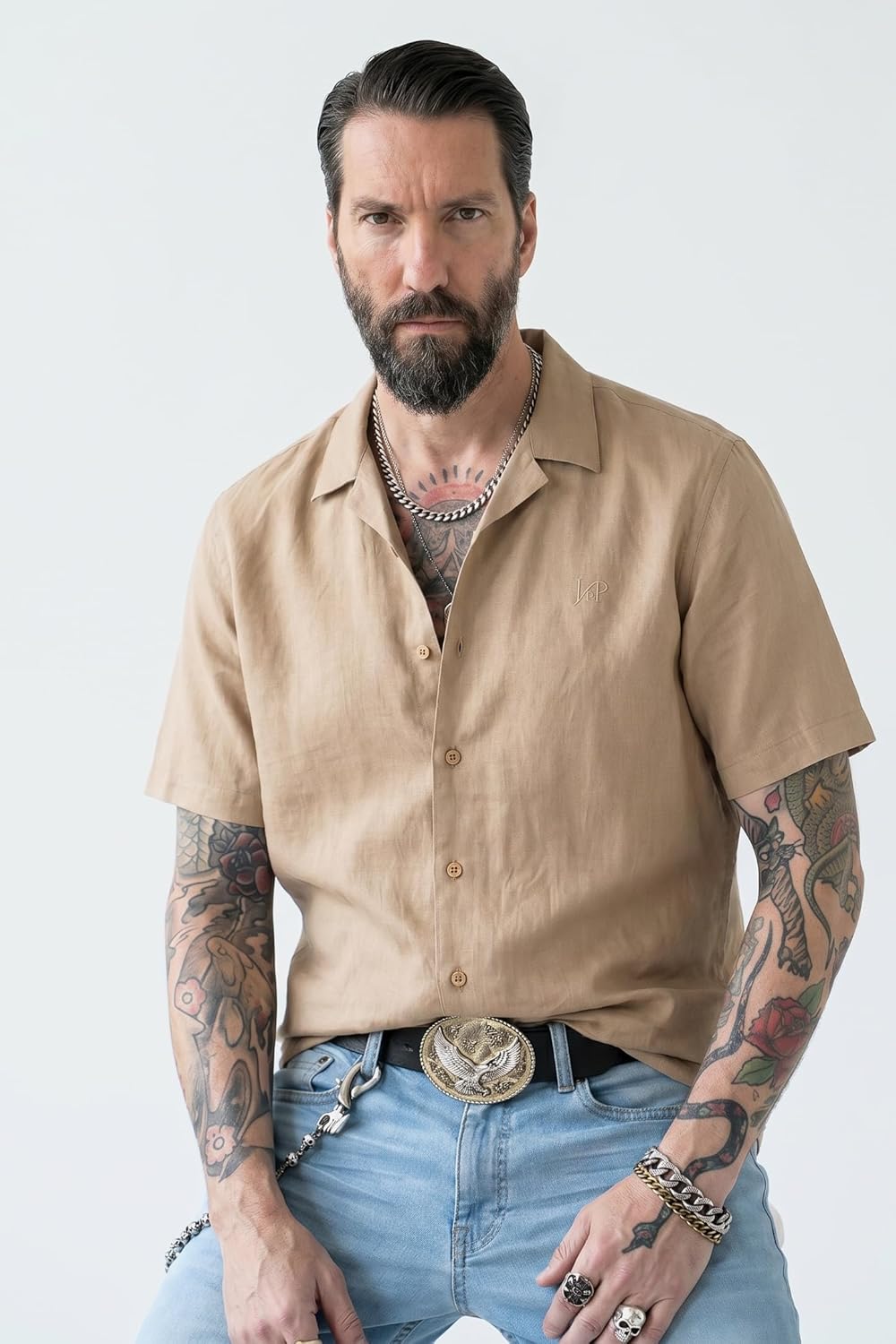 JP 1880 Herren grosse Grössen Übergrössen Menswear L-8XL Leinenmixhemd, Halbarm, Kubakragen, Modern
