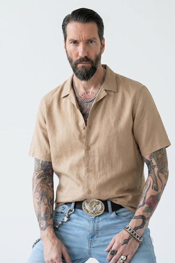 JP 1880 Herren grosse Grössen Übergrössen Menswear L-8XL Leinenmixhemd, Halbarm, Kubakragen, Modern