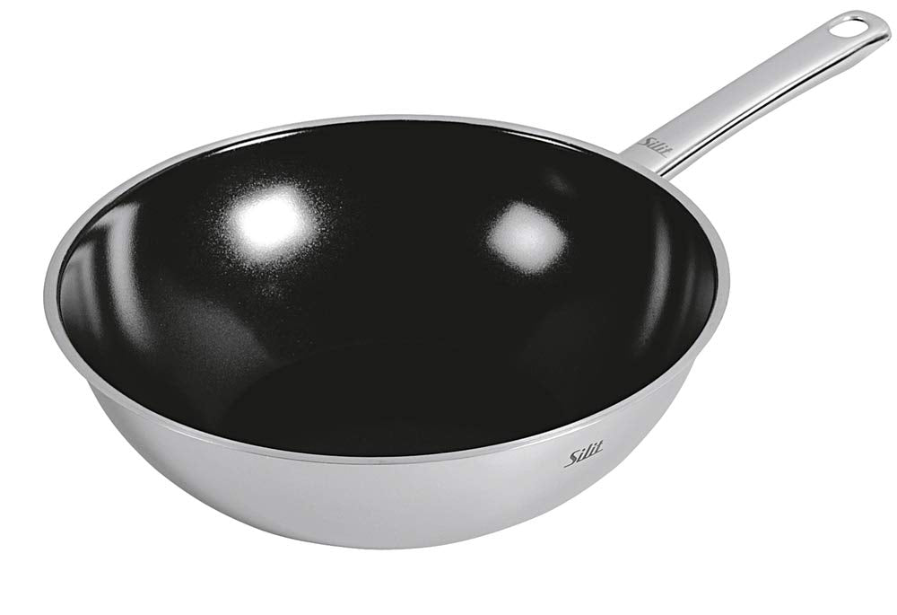 Silit Wuhan Wokpfanne Induktion 28 cm, Wok Edelstahl beschichtet, backofenfest, Silber