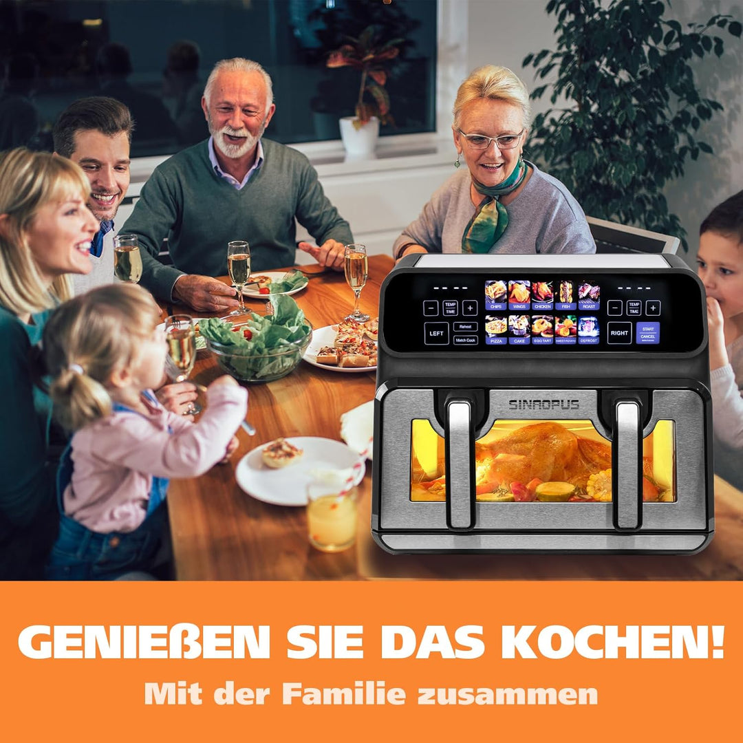Dual Zone 9L-802TS Heissluftfritteuse, XXL Doppelkammer 2200W Heissluftfritteuse mit Trennwand, LED