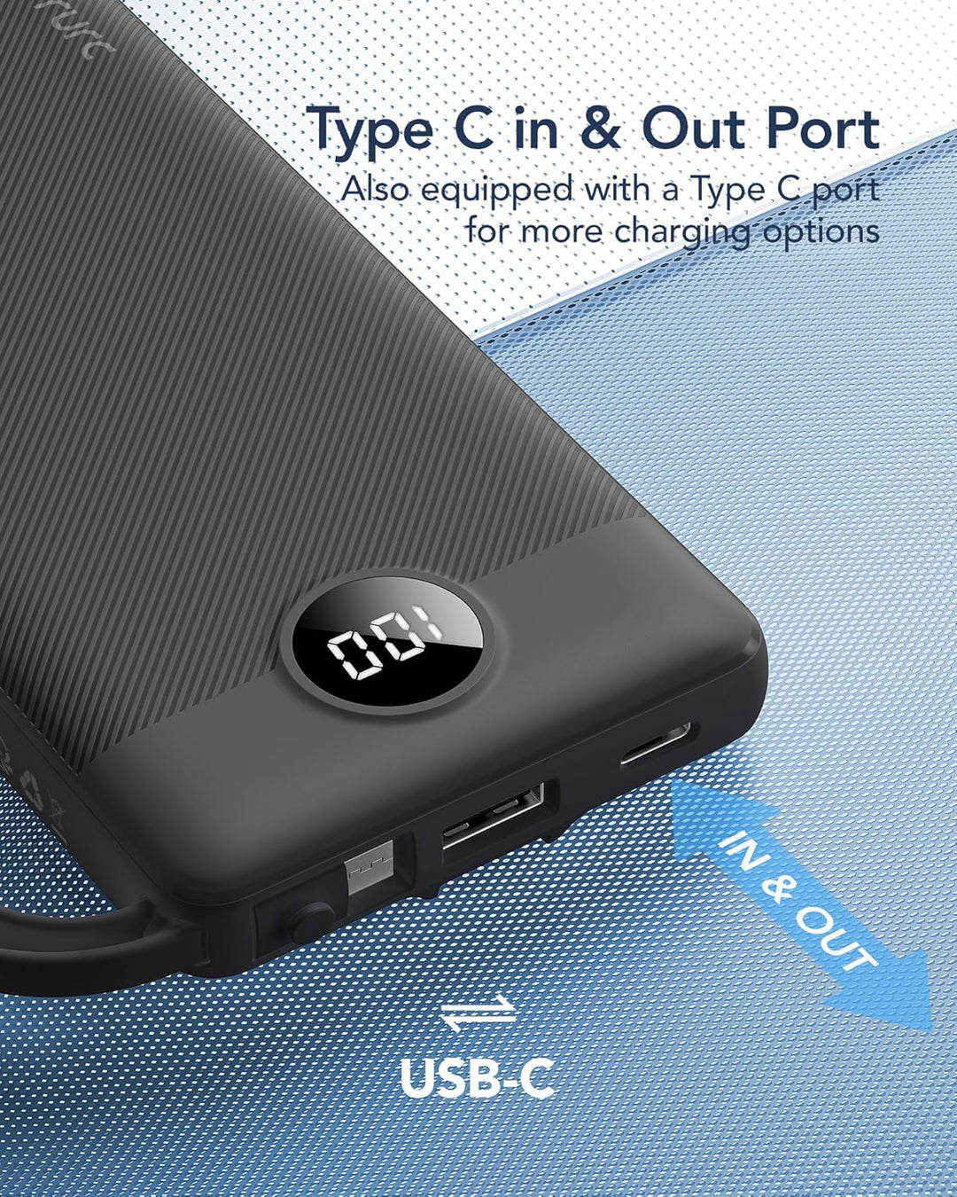 VRURC Power Bank mit 4 Kabel 10000mAh Powerbank Tragbares Ladegerät USB C Externer Handyakkus LED Di
