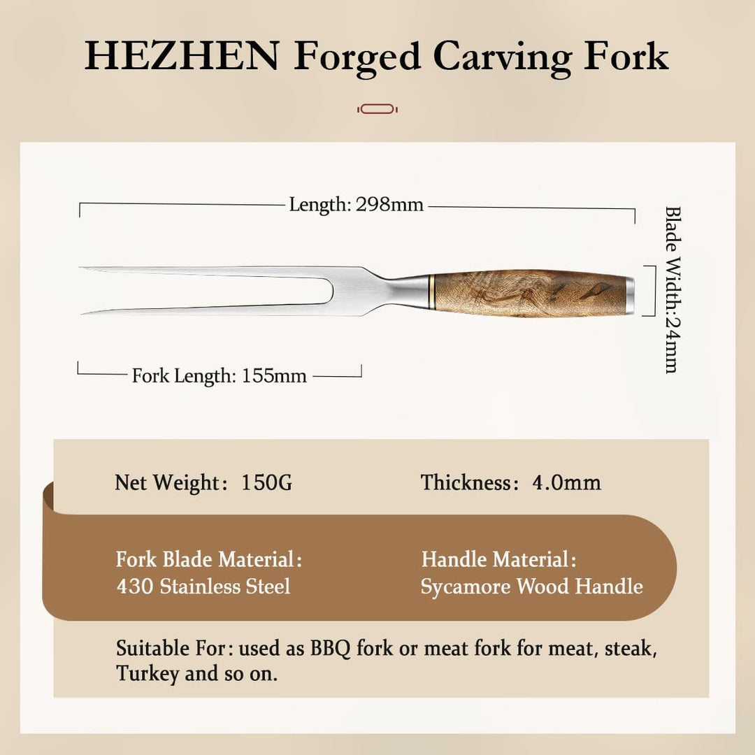 HEZHN Tranchiergabel Fleischgabel Outdoor Grillgabel 430 Edelstahl Figaro Bergahorn Holz Geschenkbox