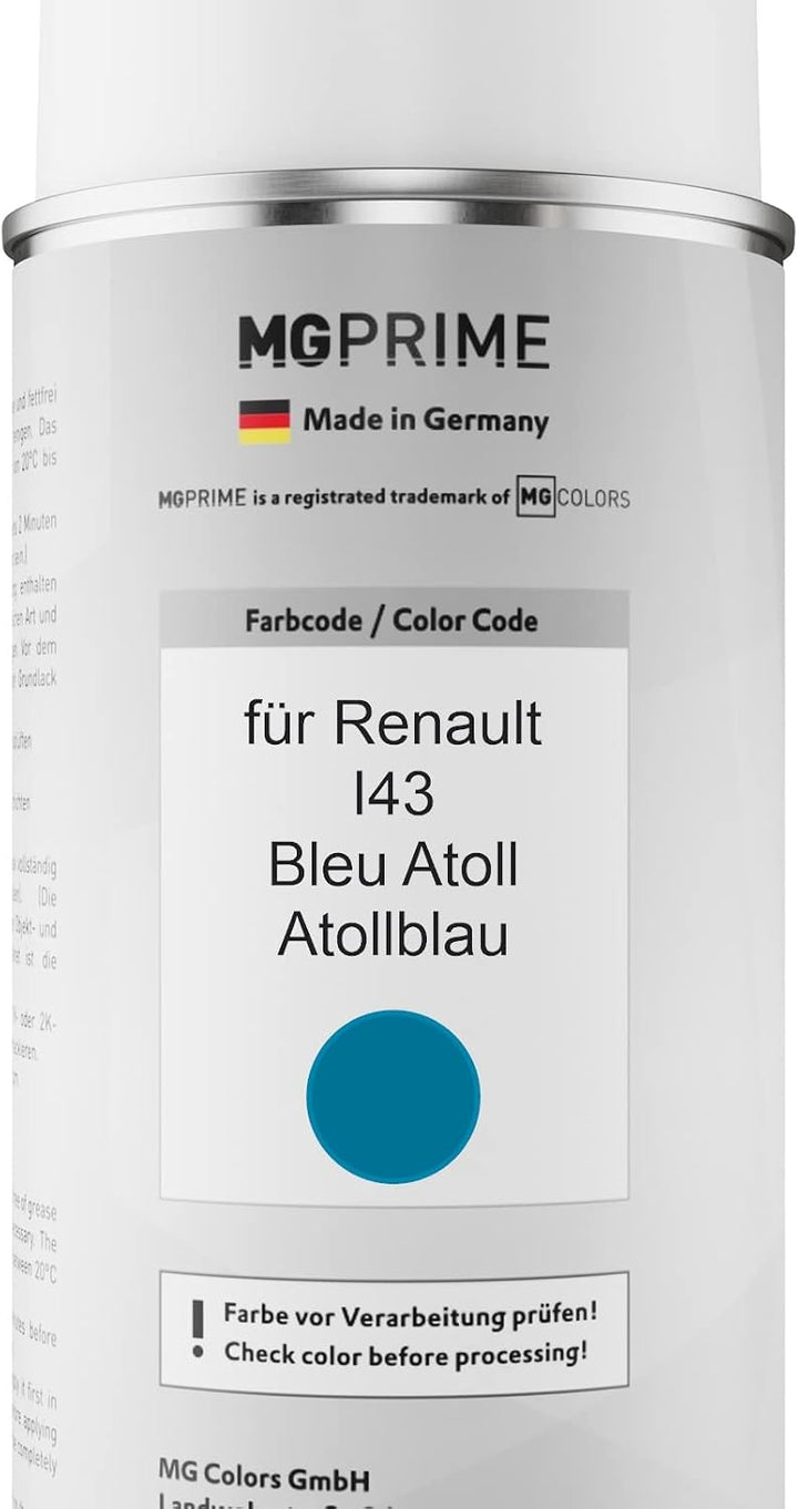 MG PRIME Autolack Sprühdosen Set für Renault I43 Bleu Atoll/Atollblau Basislack Klarlack Spraydose 4