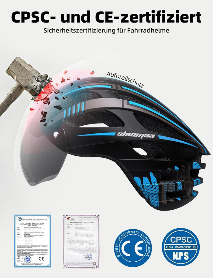 Shinmax Fahrradhelm Herren Damen mit Visier, Magnetischer Abnehmbarer Schutzbrille und USB-Aufladung