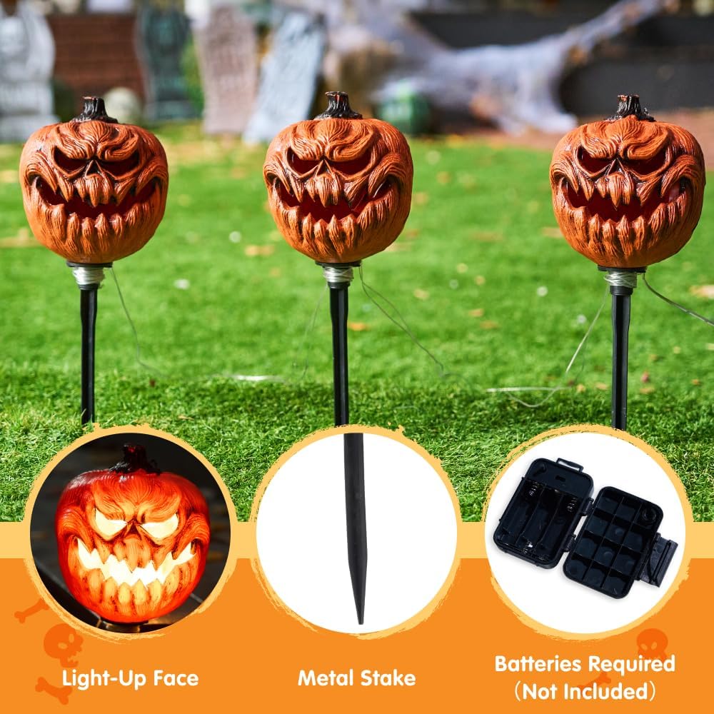 JOYIN Halloween-Jack-O-Laterne, Wegemarkierungen, Dekoration, 3 Stück 38,1 cm LED-Kürbislaternenpfäh