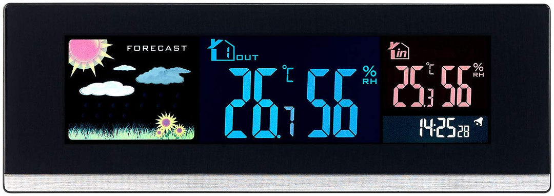 infactory Tisch Funkwecker: Tisch-Wetterstation, Funk-Aussensensor, Farb-LCD-Display, USB-Ladeport (