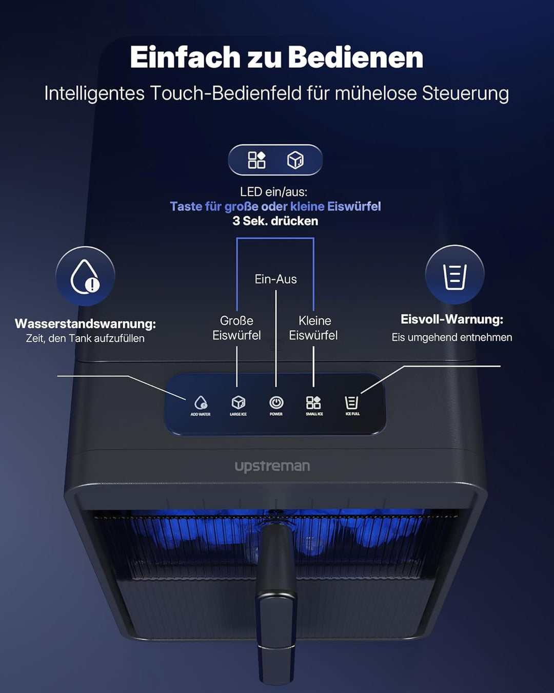 Upstreman Eiswürfelmaschine mit LED, 9 Eiswürfel in 6-8 Min, Eiswürfelmaschine Klein 2 Eisgrössen, D
