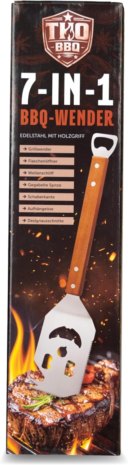THO BBQ 7-in-1 Grillspachtel Edelstahl mit Holzgriff – Grillwender mit Flaschenöffner, Schaberkante