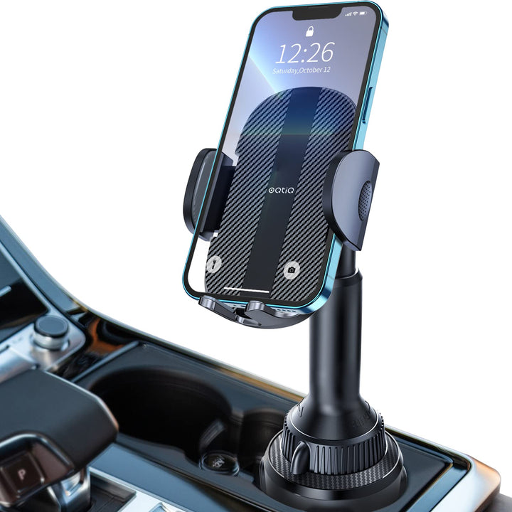 OQTIQ Handyhalterung Auto Getränkehalter – Tasten-Entriegelung & 360° Kugelgelenk | Ausziehbarer Arm